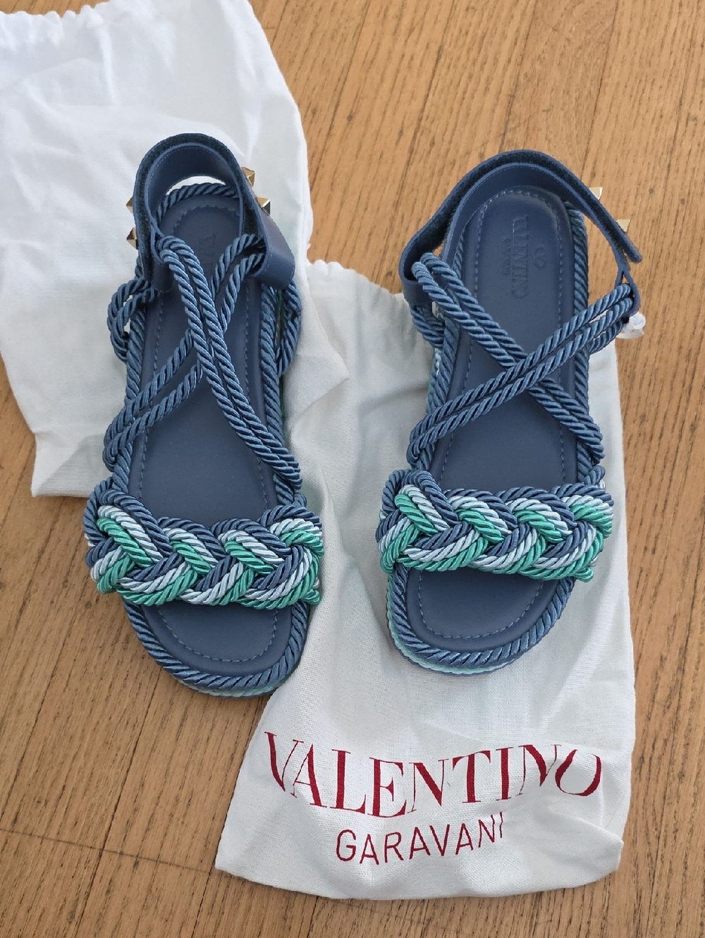 Valentino Garavani Blue Braided Rope Sandals with Aqua Accents